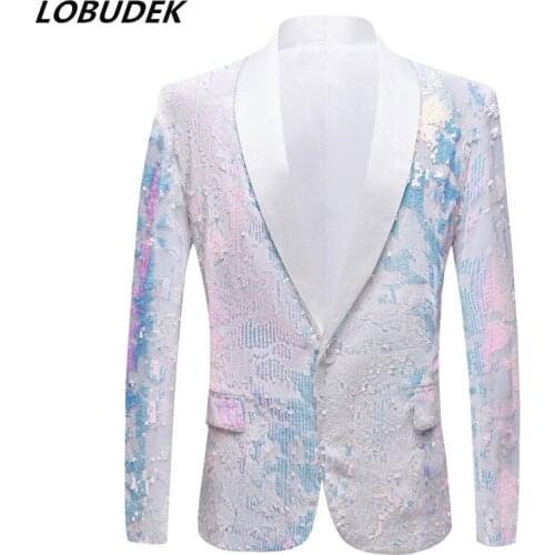 Fashion Flash Jacket Slim White Sequins Blazer Coat Host Singer Bar DJ Nightclub Wedding Costume