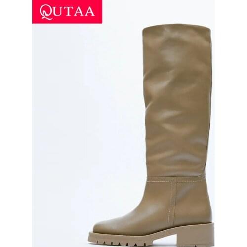 QUTAA ZA Fashion Women Knee High Boots Full Cow Leather Warm Flats INS Thick High Heels Motorcycle Boots Woman Lady Shoes 34-42
