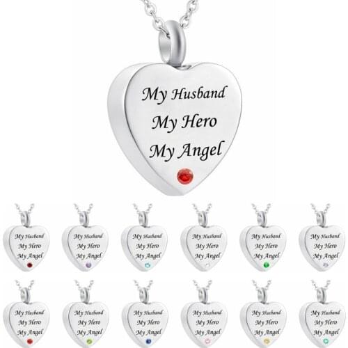 Heart Memorial Urn Necklace Cremation Ashes Keepsake Pendant - My Husband My Hero My Angel - Funnel Filler Kit