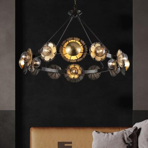 LED Postmodern Copper Flower Dining Room Chandelier Lighting For Bedroom Luxury Creativity Luminaires Glass Decora Hanging Lamp