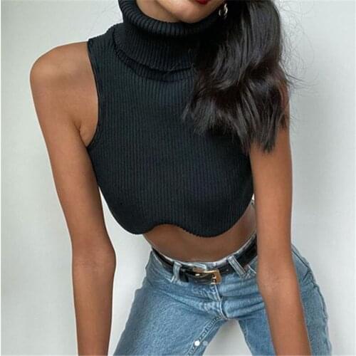 Y2K Streetwear Women High Neck Sleeveless Skinny Crop Top Solid Black Ribbed Tank Top Party Club Lady Wrap Slim Sexy Basic Tops