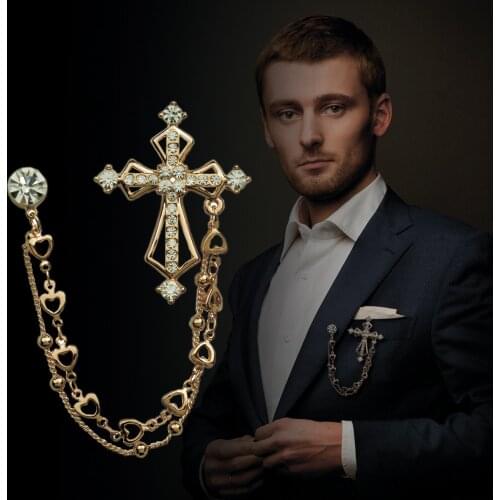 High End British Style Vintage Crystal Cross Brooch Pin Double Chain Lapel Pins and Brooches Suit Badge Shirt Collar Accessories
