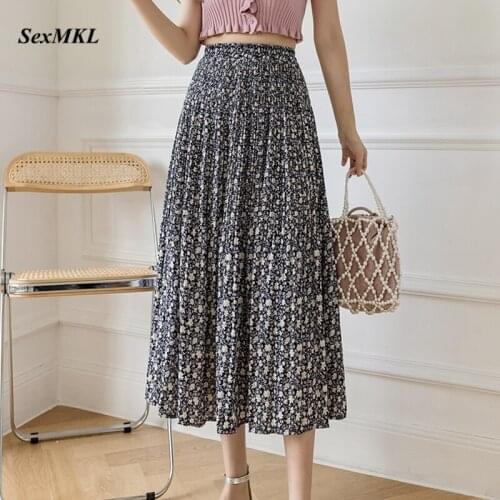 Women Chiffon Long Pleated Skirts Summer 2021 Fashion Mid Length High Waist Skirt Korean Floral Printed Slim Casual Gothic Skirt