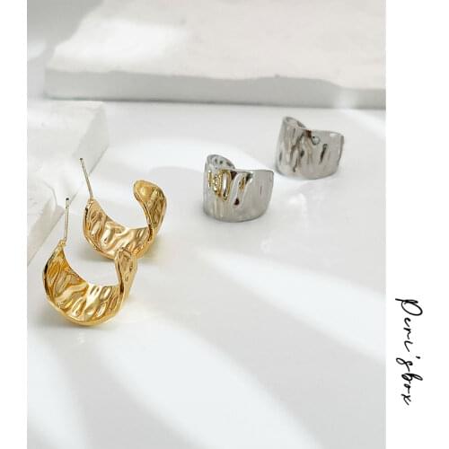 PerisBox Wide Gold Color Vintage Trendy Geometric Irregular Hammered Hoop Earring For Women Summer Street Simple Huggie Earring