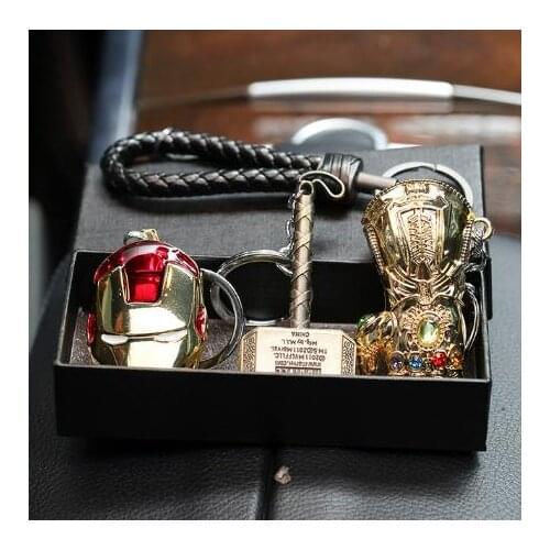 3pcs/set Marvels Series School Bag Pendant Metal Keychains Avengers Iron Man Mask Thanos Gloves Car Key Ring Children Gift