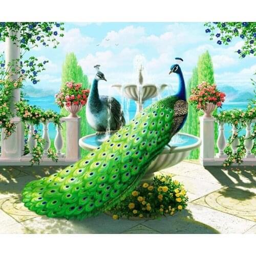 5D DIY Diamond Embroidered Patterns Diamond Animals round Two Peacocks in Garden Crystal Mosaic Home Decorated Walls Mural