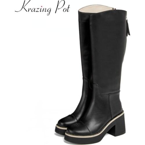 Krazing pot cow leather round toe platform long riding boots model runway show cross-tied winter mixed color knee-high boots l06