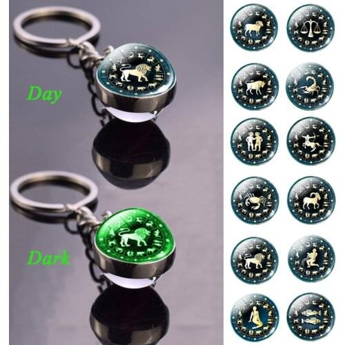 Luminous 12 Constellation Pendant Keychain Zodiac Sign Glass Cabochon Jewelry Glowing Ball Keychains Leo Pisces Birthday Gifts