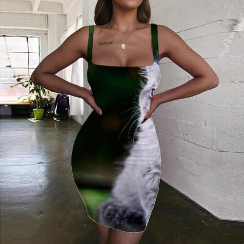 Giyu Brand Cat Dress Women Animal Vestido Sexy Cool Halter Sleeveless Psychedelic Bodycon Dress Womens Clothing Plus Size