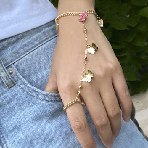 Korean Adjustable Colorful Butterfly Hand Finger Jewelry One Piece Bracelet Ring Cosplay Gold Color Accessories