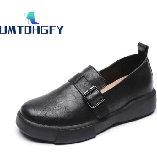 Spring Buckle Autumn Retro Women Genuel Leather Girls Daily Casual Work Loafers Shoes Thick Bottom Foot Round Head Rubber Soft