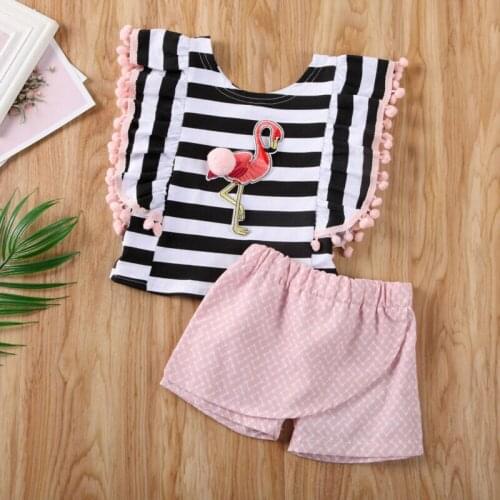 Summer Baby Kids Girl Flamingo Print Stripe Tops+Shorts Pants Outfit Clothes Set Cute Child Girl Clothing