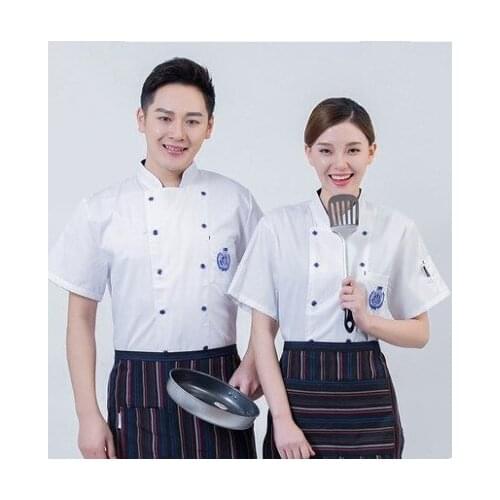 Men Stand Collar Pocket Short Sleeves Double Breasted Restaurant Chef Kitchen Working Wear Uniforms Jacket T-shirts Aprons XXXL