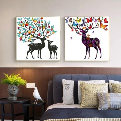 Nordic Deer Head Wall art Animal Canvas Painting Pink Flower Deer Poster and Print for living room Frameless