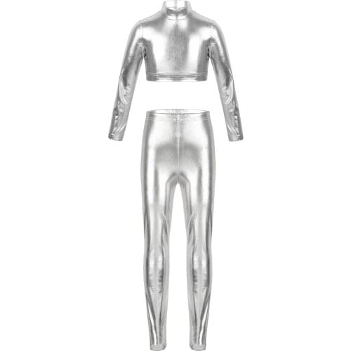 Girls Ballet Dance Sets Metallic Long Sleeve Mock Neck Crop Top Skinny Pants Leggings for Ballet Jazz Dance Stage Performance