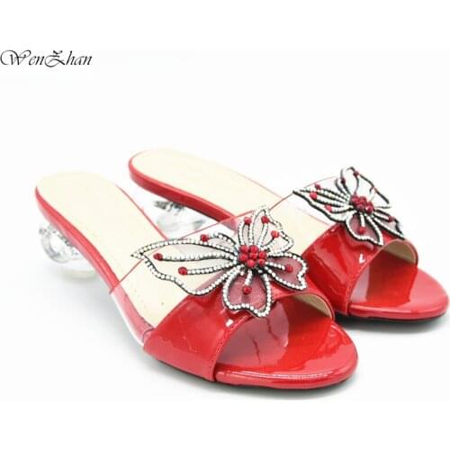 Red Nigeriain Shoe Simple Soft Heels Summer Elegant Fashion Casual Shoes 6cm Women Sandals With Butterfly flower Latest D05-24