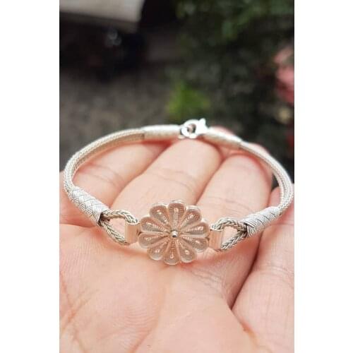 KSG Daisy Design Handmade 1000 Carat Kazaziye Pure Women Silver Bangle Bracelet