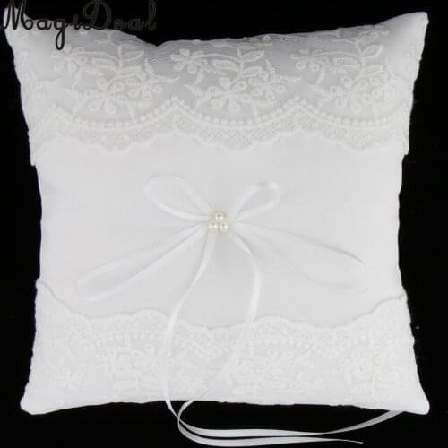 MagiDeal Delicate Wedding Ceremony Party Pearls Lace Ring Pillow Cushion Bearer for Engagement Marriage Proposal Decor White