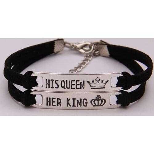 Fashion 2Pcs Matching Set Men His Queen Her King Alloy Couple Bracelet Jewelry Gift Strand Bracelets Couple Tokens