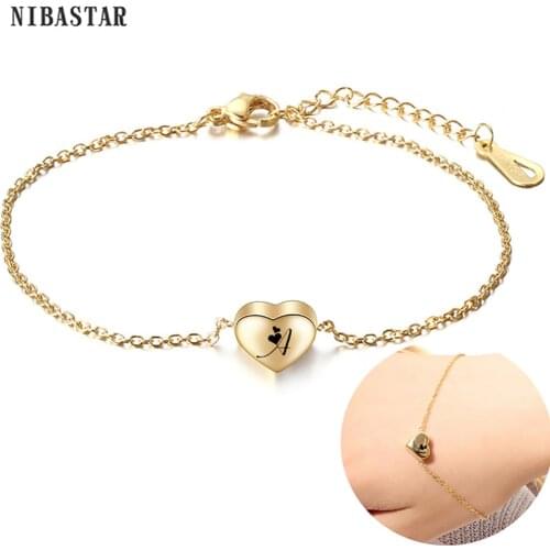 NIBASTAR Initial Letter A-Z Gold Heart Bracelet For Women Stainless Steel Simple Alphabet Chain Fashion Girl Personality Jewelry