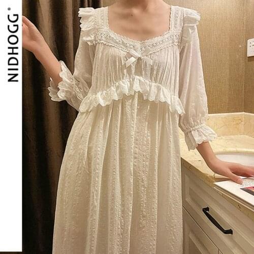 Autumn Long-Sleeved Princess Lace Night Gown Retro Sweet Cute Nightdress Long Sleeve Cotton Womens Night Dress White Sleep Dress