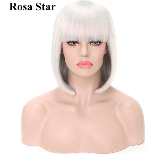 Rosa Star Synthetic Straight Short Bob 13.5 Inches Wigs With Bangs Heat Resistant Daily Cosplay Costume Wig for Women