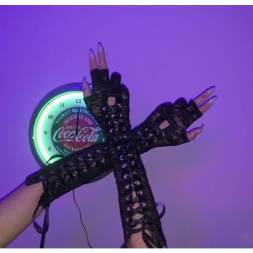 Ruibbit Lace up Harajuku Punk Style Black Metal Ring Half Finger Hollow out Long Gloves Chic Streetwear