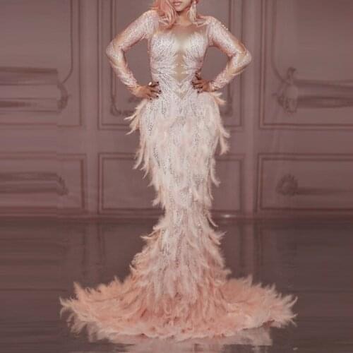 Fashion Sparkly Rhinestones Pink Feather Nude Dress Sexy Full Stones Long Big Tail Dress Costume Prom Birthday Celebrate Dresses