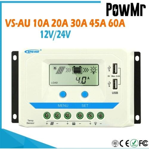 PowMr PWM Solar Charger Controller 60A 45A 30A 20A 10A 12V 24V Auto Panel Regulator Dual USB VS-AU Series Built In LCD Display