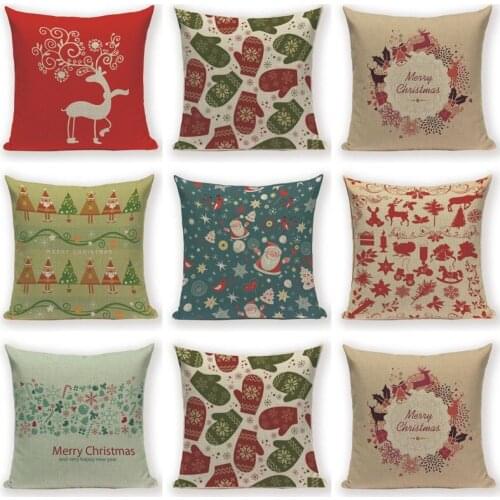 Merry Christmas Pillow Case Linen Cushion Cover Christmas Tree Colorful Deer Pillowcase Home Decoration Sofa Kussenhoes Cushions