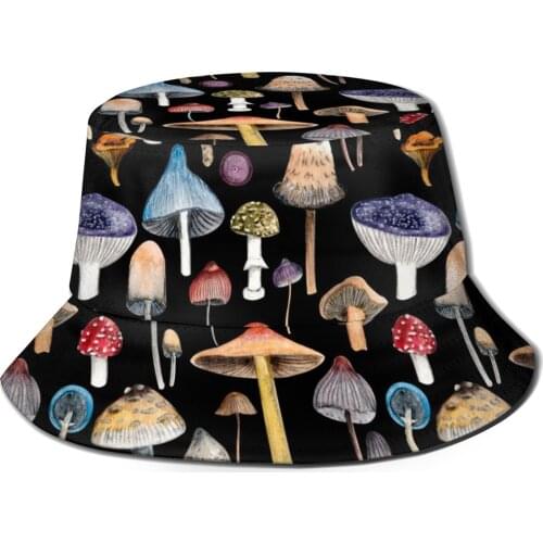 NOISYDESIGNS Summer Outdoor Sun Hat Mushroom Colorful Printing Fisherman Hat Women Street Bucket Hats Black Unisex Hats Hip Hop