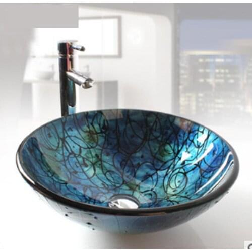 Bathroom Glass Vessel Vanity Sink Glass basin sink with matching glass waterfall tap bathroom cloak room rose pattern round blue