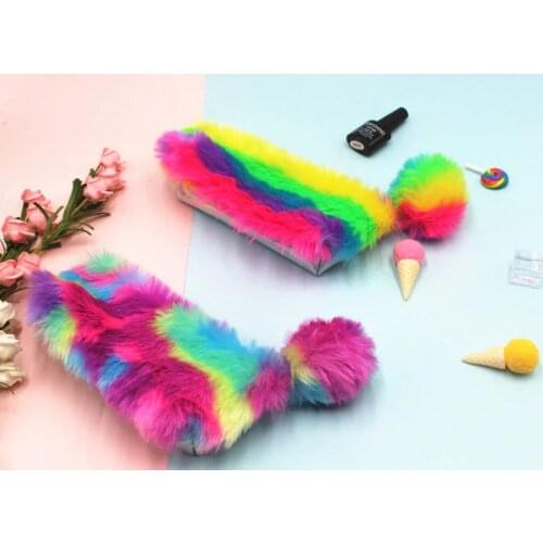 Plushed colorful pen bag for students Large capacity Rainbow color storarge bag hot selling