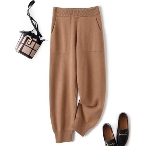 SZDYQH Spring Autumn 100% Pure Wool Knitted Pants Women Loose And Thin Sports Trousers High Waist Wool Pants Casual Haren Pants