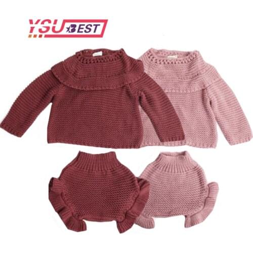0-2Y Baby Girls Knitting Clothing Sets Two Girls Suit Knit Cotton Baby Long Sleeve Blouse + Lotus Leaf Shorts Baby Clothing Set
