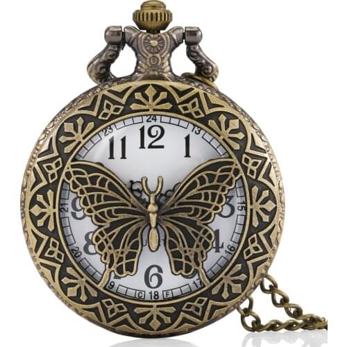 Unique Hollow Butterfly Pocket Watch Mom Elegant Retro Brass Quartz Numerals Dial Slim Chain Pendant Necklace Mothers Day Gift