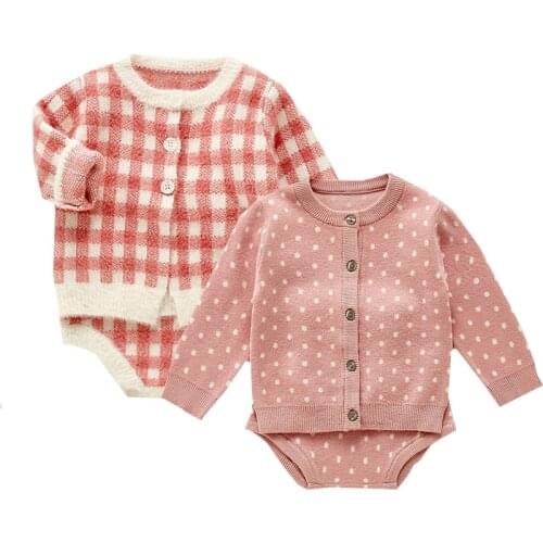 Toddler Baby Girl Knitting Clothes Set Plaid cardigan coat+Jumpsuit Spring Autumn Newborn Baby Girl Knitting Clothes Set