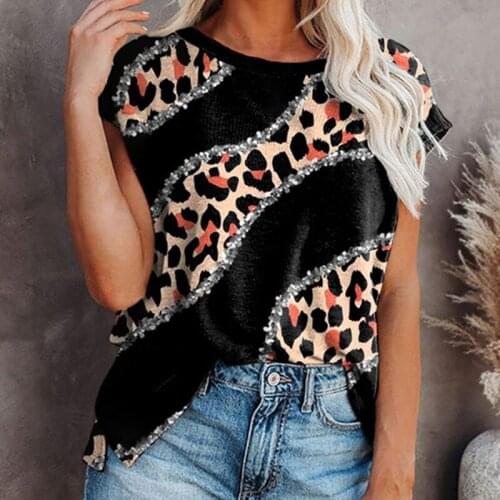 Womens Round Neck T-shirt New Loose Leopard Print Pullover Brown Short Sleeve City Casual Tee Shirt 2021
