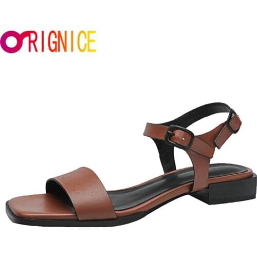 Orignice New Arrival Summer Square Toe Women Shoes Comfy Soft Flat Heel Ladies Genuine Leather Gladiator Sandals Big Size 34-43