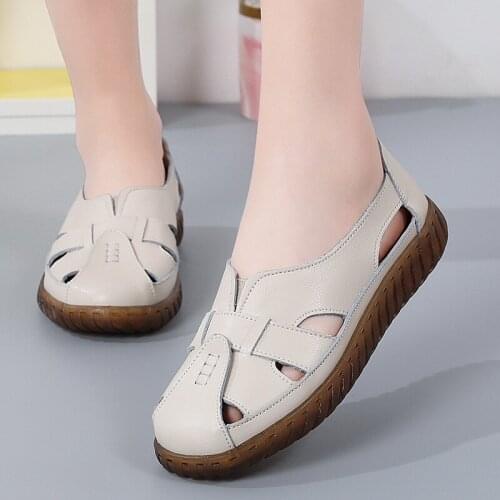 Genuine Leather Women Flats Hollow Woman Shoes Summer Womens Loafers Breathable Beach Female Sandals Big Size 35-41