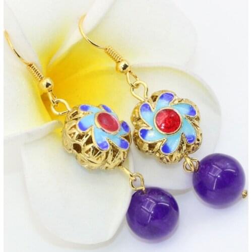 Factory outlet fine carved hollow gold-color cloisonne chalcedony long drop dangle earrings for women clothes jewelry B2636