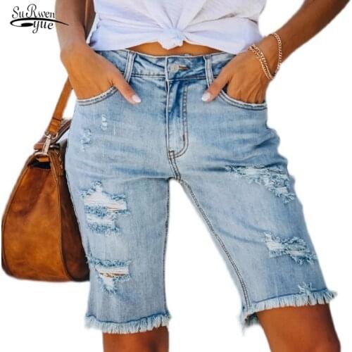 2021 Summer Knee Lenght Jeans Women Shorts Casual Denim Shorts for Women Blue High Waist Straight Female Jeans Short Femme 15306