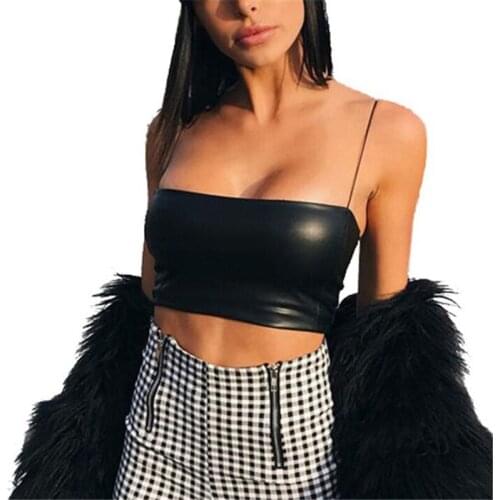 Women Sexy Crop Tops Summer Black Sexy Pu Leather Crop Tops Ladies Sleeveless Bodycon Tank Top Nightclub Sexy Party Camisole