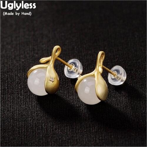 Uglyless Real Natural Jade Ball Stud Earrings for Women Gold Gems 925 Sterling Silver Bud Earrings Female Dress Brincos Bijoux