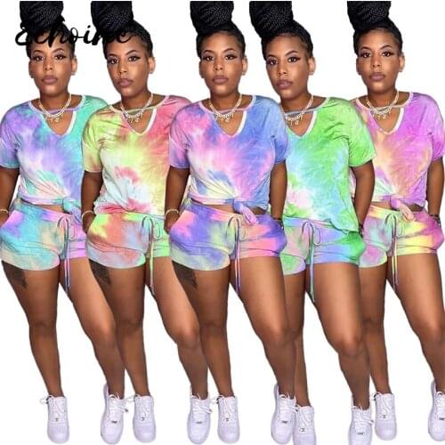 Womens Set Sport Tie Dye Print Two Piece Set V-neck Tee Tops Shorts Suit Tracksuit Sportwear Outfit Matching Set Plus Size 2XL