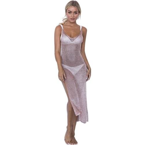 BYUAN Brand Women Long Split Sexy Dress Hollow Out Beach Dress 2018 Summer Woman Clothes Sequin Spaghetti Strap Dress