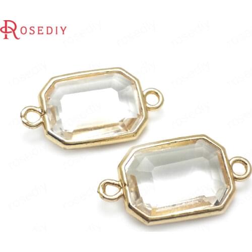 10PCS 24K Champagne Gold Color with White Glass Brass Faceted Rectangle Shape Charms Pendants High Quality Jewelry Accessories