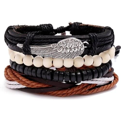 4Pcs/Set Jewelry Wholesale Retro Woven Wings Diy Combo Set Cowhide Bracelet Mens Bracelet