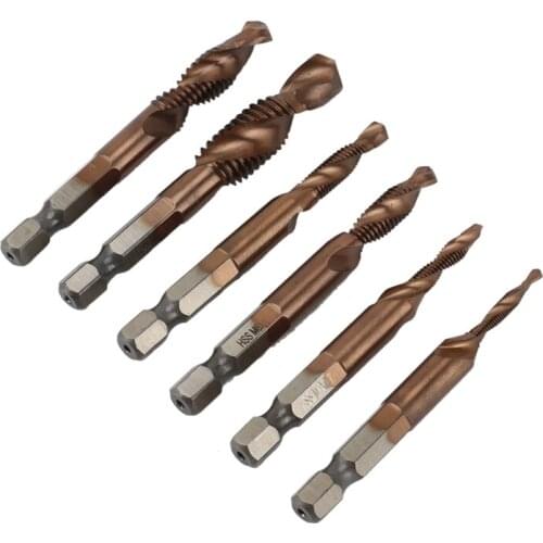 LBER 6PCS M3-M10 Screw Tap Drill Bits HSS CO M35 Cobalt Taps Metric Combination Bit Hex Quick Change Woodworking Tools