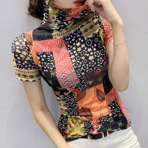 #6204 Summer Mesh Turtleneck T Shirt Women Casual Vintage 3d Printed T Shirt Femme Skinny Thin Basic T Shirt For Girl S-3XL